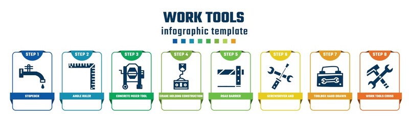 Wall Mural - work tools concept infographic design template. included stopcock, angle ruler, concrete mixer tool, crane holding construction panel, road barrier, screwdriver and doble wrench, toolbox hand drawn