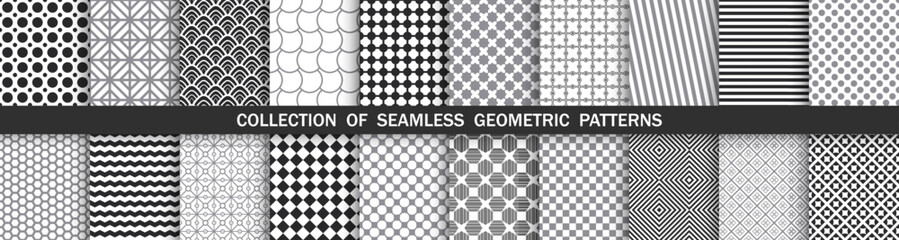 Wall Mural - Collection of vector seamless geometric patterns. Monochrome repeatable backgrounds. Simple black and white textures, textile prints