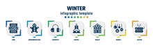 Winter Concept Infographic Design Template. Included Logs, Gingerbread Man, Earmuffs, Chapel, Chalet, Bauble, Heater Icons And 7 Option Or Steps.