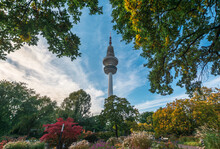 City Park Planten Un Blomen At Autumn. View Of Heinrich Hertz Tower Is Radio Telecommunication Tower In Hamburg. Germany