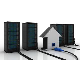Poster - 3d rendering Network connection, internet communication and computer technology concept, closeup view of curved ethernet cable plug connector connected house near server

