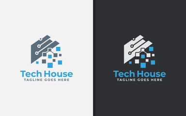 Poster - Abstract Tech House Logo Design. Modern House Symbol and Tech Element Combination with Stylish Geometric Lines Concept.