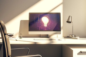 Poster - Creative idea concept with light bulb illustration on modern laptop screen. 3D Rendering