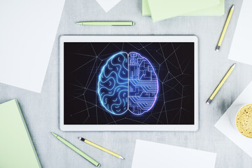 Aufkleber - Creative artificial Intelligence concept with human brain hologram on modern digital tablet screen. Top view. 3D Rendering