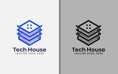 Poster - Abstract Tech House Logo Design. Modern House Symbol and Tech Element Combination with Stylish Geometric Lines Concept.