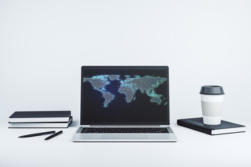 Poster - Abstract graphic world map on modern laptop screen, connection and communication concept. 3D Rendering