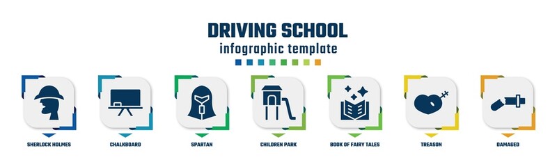 driving school concept infographic design template. included sherlock holmes, chalkboard, spartan, children park, book of fairy tales, treason, damaged icons and 7 option or steps.