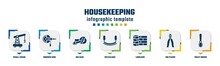 Housekeeping Concept Infographic Design Template. Included Small Crane, Grinder Hine, Big Saw, Mezzaluna, Linoleum, Big Pliers, Toilet Brush Icons And 7 Option Or Steps.