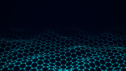 Wall Mural - Digital gradient hexagon blue wave with dots and lines on the dark background. The futuristic abstract structure of network connection. Big data visualization. 3D rendering.