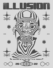 Wall Mural - retro futuristic poster with psychedelic human head and text 