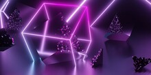 Blue And Violet Glowing Neon Wireframe Cube With Broken Chrome Cubes Abstract Fantasy Background