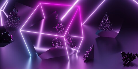 Wall Mural - Blue and violet glowing neon wireframe cube with broken chrome cubes abstract fantasy background