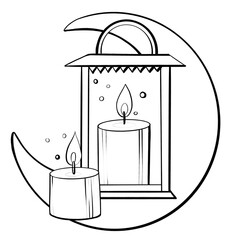 illustration line on white background autumn magic lantern with a candle on the background of the moon stylish minimalistic drawing logo design element