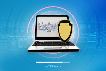 Sticker - laptop with shield. Isolated 3d rendering image