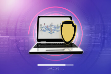 Sticker - laptop with shield. Isolated 3d rendering image