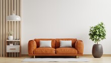 White Wall Interior Living Room Have Orange Leather Sofa And Decoration Minimal.