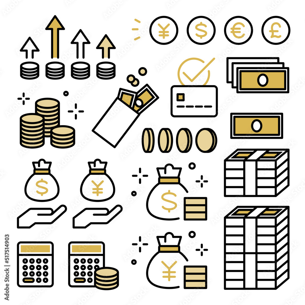 Stock-Vektorgrafik „お金・紙幣・コイン・支払い・投資・会計・通貨のアイコンセット“ | Adobe Stock