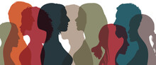 Organizational Harmony, Partnership, Cooperation, Friendship, And Teamwork In A Society Or Community Of People Of Various And Multicultural Races. Silhouettes Represent People From Various Cultures.