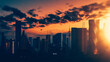 Leinwandbild Motiv Futuristic City Concept. Wide Shot of an Digitally Generated Modern Urban Megapolis with Creative Skyscrapers with Banks, Offices, Hotels, Autonomous Flying Machines and Perfect Cloudy Sky and Sunset.