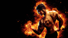 Body Builder With Fit Torso Belly Chest And Arms Biceps Triceps Muscles Holding Chain While Posing Over The Black Background With Fire. Bodybuilding Concept 