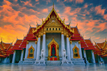 Wall Mural - The Marble Temple, Wat Benchamabopitr Dusitvanaram at sunrise in Bangkok, Thailand.