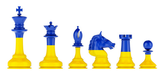Poster - Chess figures with Ukrainian flag, 3D rendering