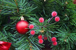 A Christmas tree decorated with red festive balls in a pot on the streets of Lviv
