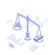 © nod design - Money, scales, balance, chart, graph, diagram, presentation, spreadsheet, economy, finance, technology.Isometric vector illustration flat design isolated. Outline, linear style, line art, editable st