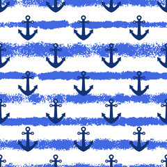 Wall Mural - Blue dark ship anchors and ink horizontal stripes isolated on white background. Cute marine seamless pattern. Vector simple flat graphic hand drawn illustration. Texture.