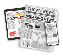 News concept with newspaper on screen smartphone, tablet PC and newspapers, isolated on white background.