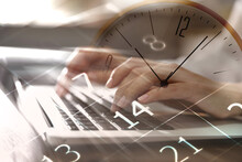 Multiple Exposure Of Woman Working On Laptop, Calendar And Clock