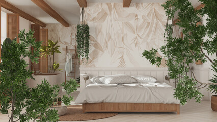 Green summer or spring leaves, tree branch over interior design scene. Natural ecology concept idea. Bohemian bathroom and bedroom in boho style. Bathtub and bed. Interior design