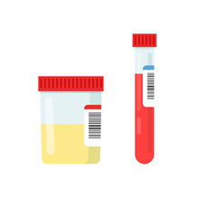 Medical Laboratory Samples Urine And Blood. Chemical Laboratory Tests. Vector Illustration In Trendy Flat Style Isolated On White Background