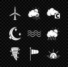 Set Wind Turbine, Windy Weather, Celsius And Cloud, Tornado, Cone Meteorology Windsock Wind Vane, Sunrise, Moon Stars And Waves Icon. Vector