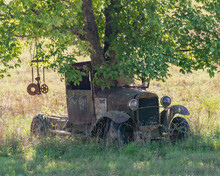 Very Old Truck Abandoned In A Field With A Tree Growing Out Of It