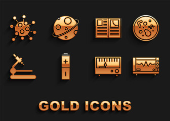 Sticker - Set Battery, Bacteria, Computer monitor with cardiogram, Electrical measuring instruments, Microscope, Open book, and Planet icon. Vector