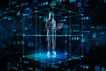 Fototapete - Hacker with laptop standing inside abstract cube hologram on blurry blue background. Metaverse, software, future and data center concept. Double exposure.