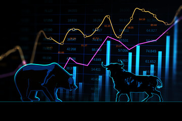 Poster - Stock exchange trading concept. The bulls and bears struggle. Equity market illustration. Creative hologram and graph on dark wallpaper. 3D Rendering.