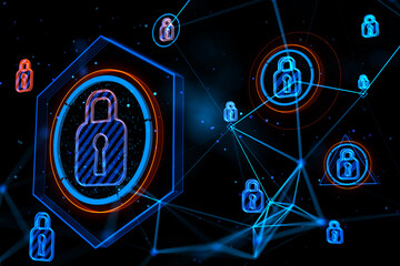 Poster - Abstract glowing connected digital padlock hologram on dark background, Computer safety and secure concept. 3D Rendering.