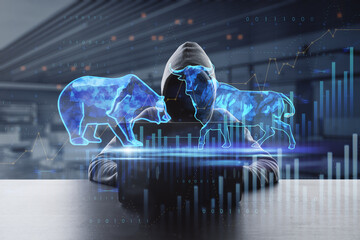 Poster -  bulls and bears struggle. Equity market illustration. Front view of hacker using laptop at desktop with creative hologram and graph on blurry office interior background. Double exposure.
