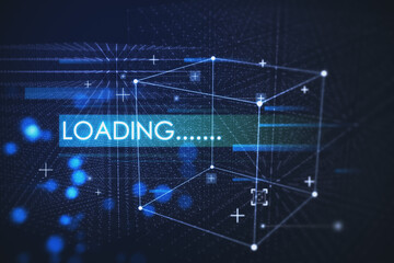 Leinwandbilder - Creative blue loading background with cube hologram, polygonal dots and connections. Technology and innovation concept. 3D Rendering.