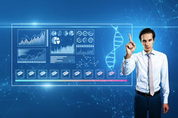 Poster - Thoughtful young caucasian businessman pointing up at holographic projection. Futuristic medicine research gene therapy health analysis laboratory chemistry illustration. 