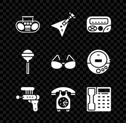 Canvas Print - Set Home stereo with two speakers, Electric bass guitar, Pager, Ray gun, Telephone handset, Lollipop and Glasses icon. Vector