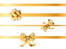 Realistic Gold Ribbons. Holiday Present Decoration. Golden Tapes With Shiny Bows. Silk Cloth And Festive Knots. Christmas Or Birthday Gift. Vector Anniversary Horizontal Borders Set