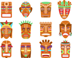 Wall Mural - African tiki mask. Ethnic masks, totem hawaii or maya tribes. Wooden warrior gods faces, ornamental tribal aztec idols. Scary decorations decent vector set