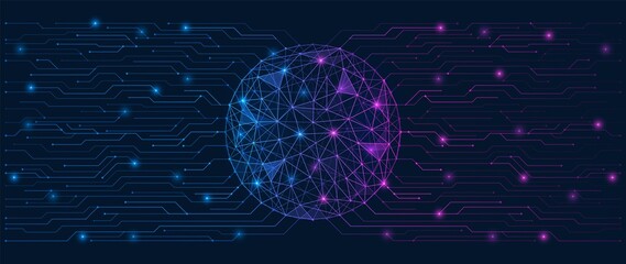 Wall Mural - World of the metaverse. Printed circuit board connected to a polygonal sphere. Low-poly design of interconnected lines and dots.