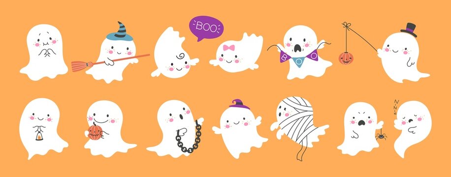 Cute ghost. Happy halloween ghosts characters, spooky expression creature. Funny scary magic demon with pumpkin, mystery creative nowaday vector clipart