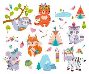 Poster - Woodland cute animal. Sweet deer koala bear, forest animals with tribal elements. Wildlife kids characters, wild sloth on tree branch nowaday vector set