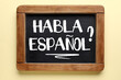Chalkboard with text HABLA ESPANOL? (DO YOU SPEAK SPANISH?) on color background