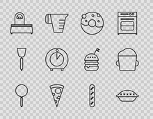 Set Line Frying Pan, Homemade Pie, Donut With Sweet Glaze, Slice Of Pizza, Scales, Kitchen Timer, French Baguette Bread And Bakery Bowl Dough Icon. Vector